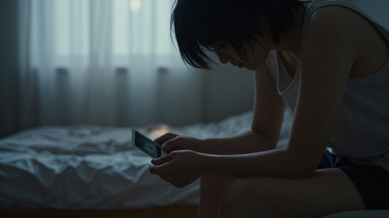 Persona sentada en el borde de una cama sosteniendo una fotografía polaroid bajo la luz de la luna.