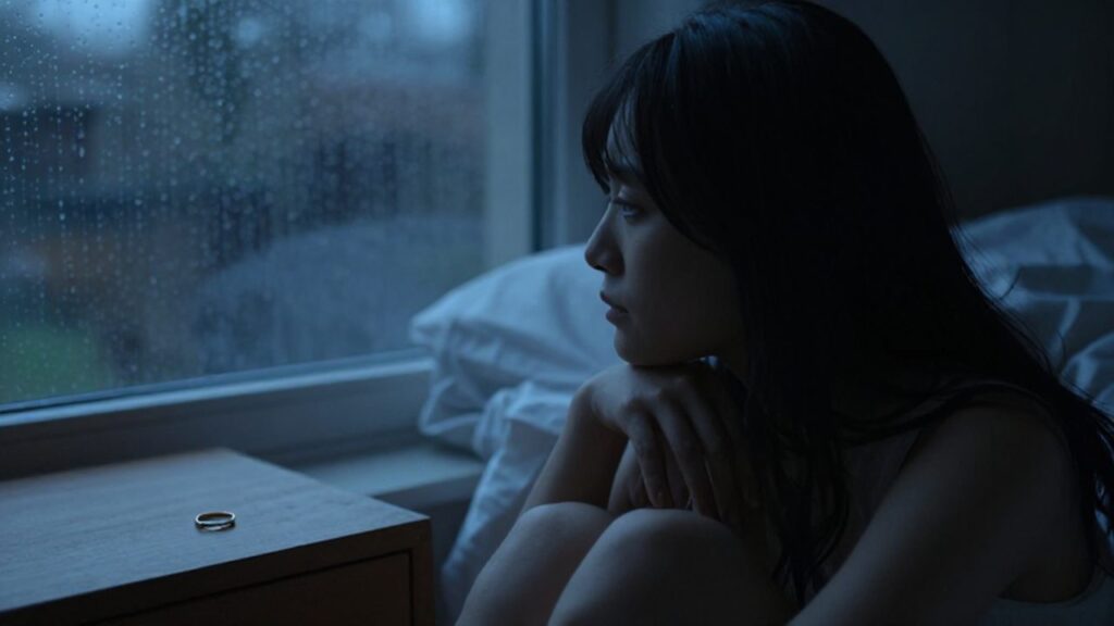 Mujer melancólica sentada en el borde de una cama mirando hacia una ventana lluviosa al atardecer.