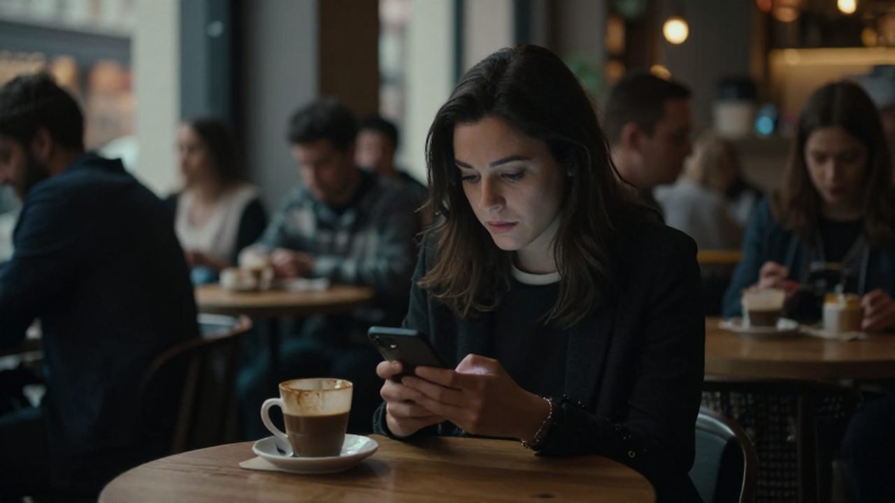 Mujer sentada sola mirando su móvil en una cafetería concurrida y desenfocada.