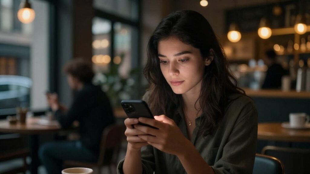 Mujer joven sentada en una cafetería nocturna mirando pensativa la pantalla de su móvil.