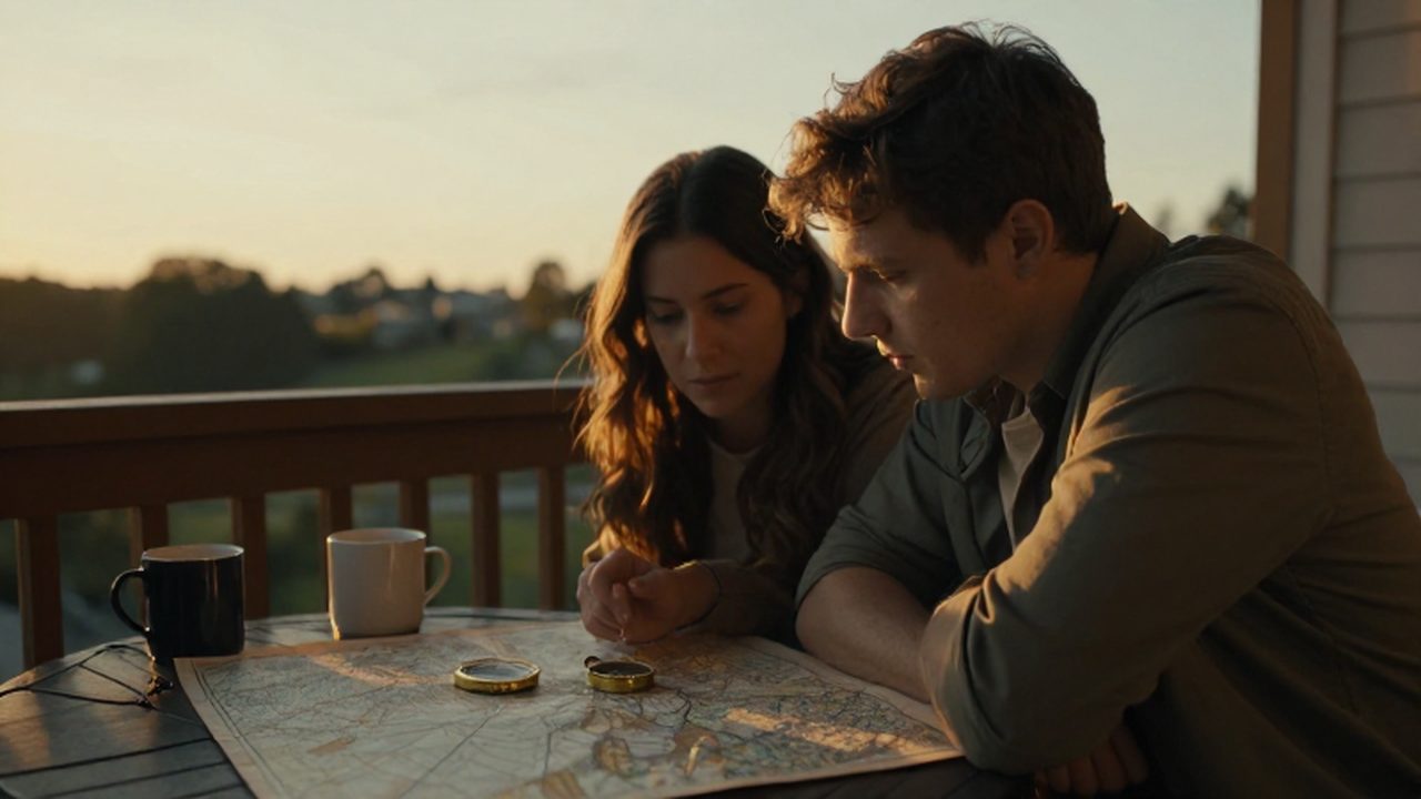 Pareja sentada en un balcón de madera observando un mapa antiguo con café.