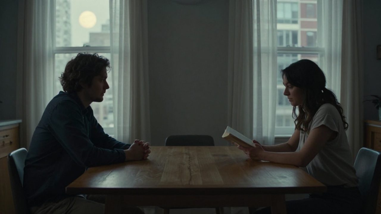 Un hombre mira la ciudad y una mujer lee un libro en una mesa, distanciados emocionalmente.