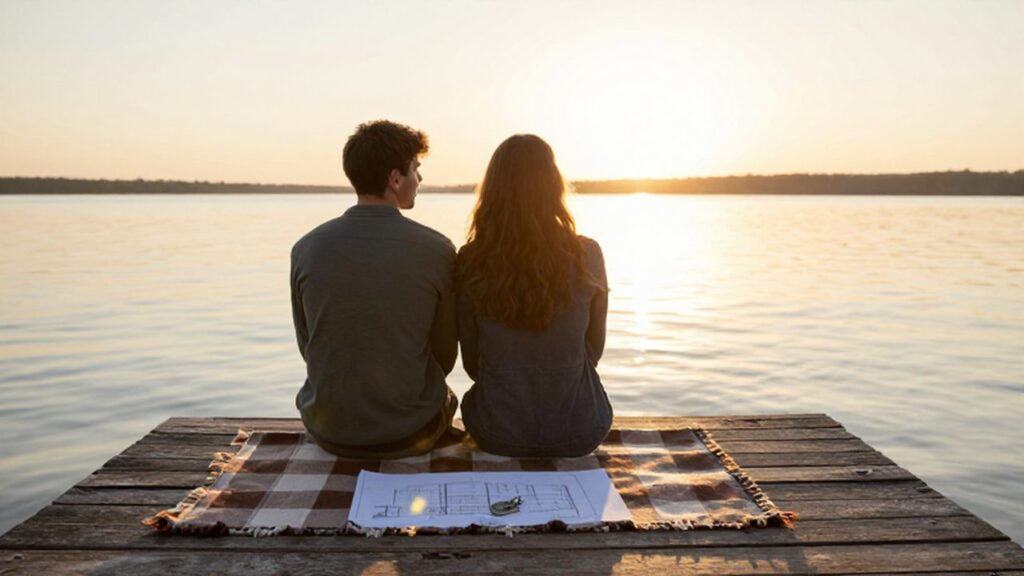 Pareja sentada en un muelle junto a un plano arquitectónico mientras contemplan un lago al atardecer.