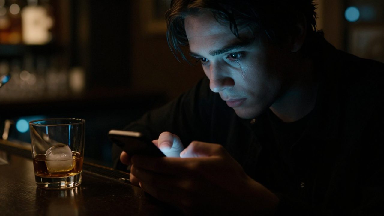 Persona solitaria en un bar oscuro mirando obsesivamente la pantalla de su móvil.