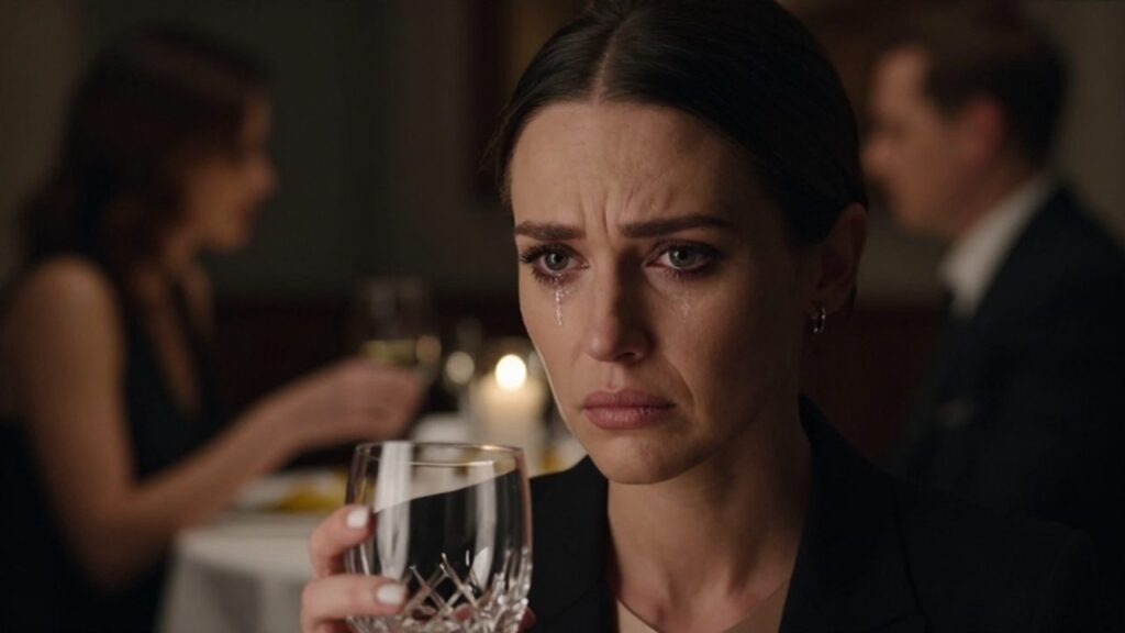 Mujer con mirada resentida y una lágrima en el rostro mientras sostiene una copa en un restaurante elegante.