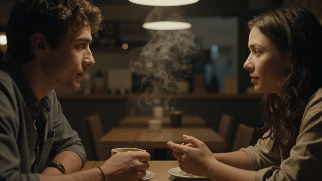 Pareja sentada en una mesa de madera conversando íntimamente en una cafetería acogedora.