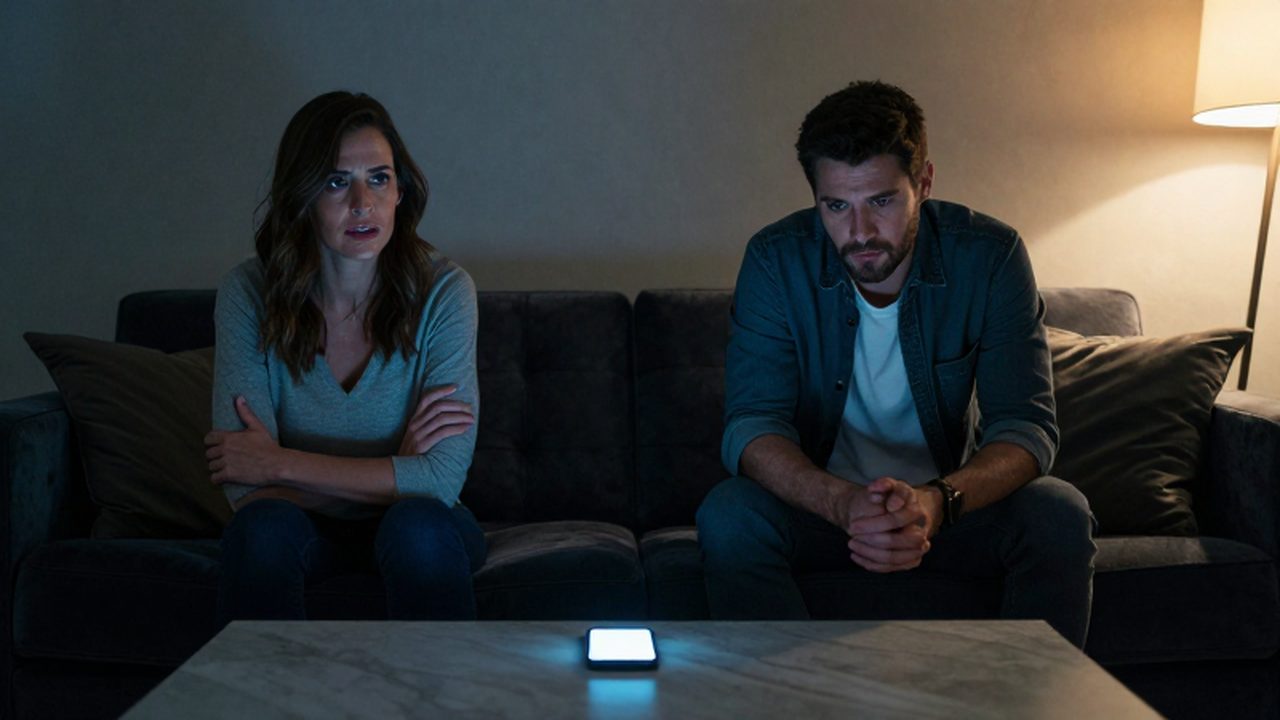 Pareja con actitud distante sentada en un sofá frente a un teléfono encendido.