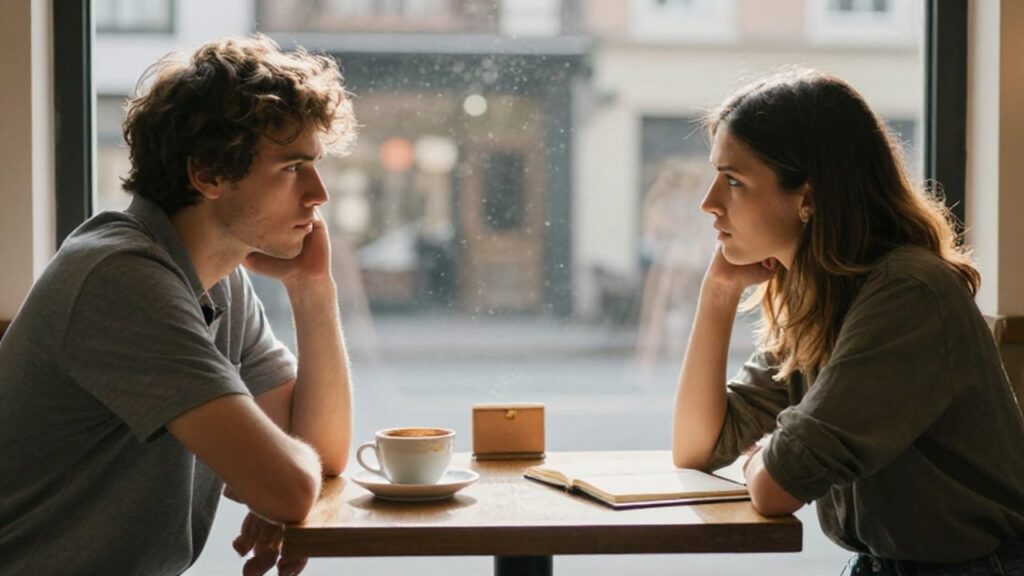 Un hombre y una mujer se miran intensamente mientras están sentados frente a frente en una cafetería.