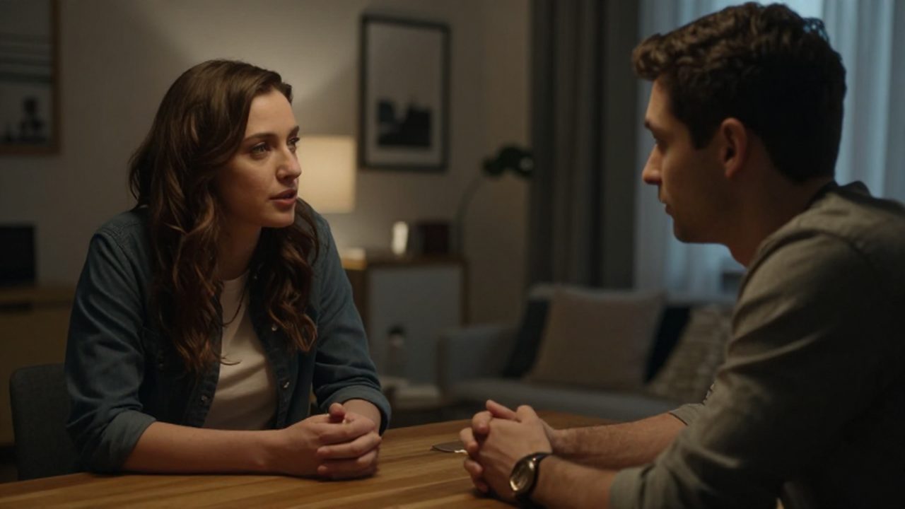 Pareja sentada a la mesa en una cena íntima mientras mantienen una conversación profunda.