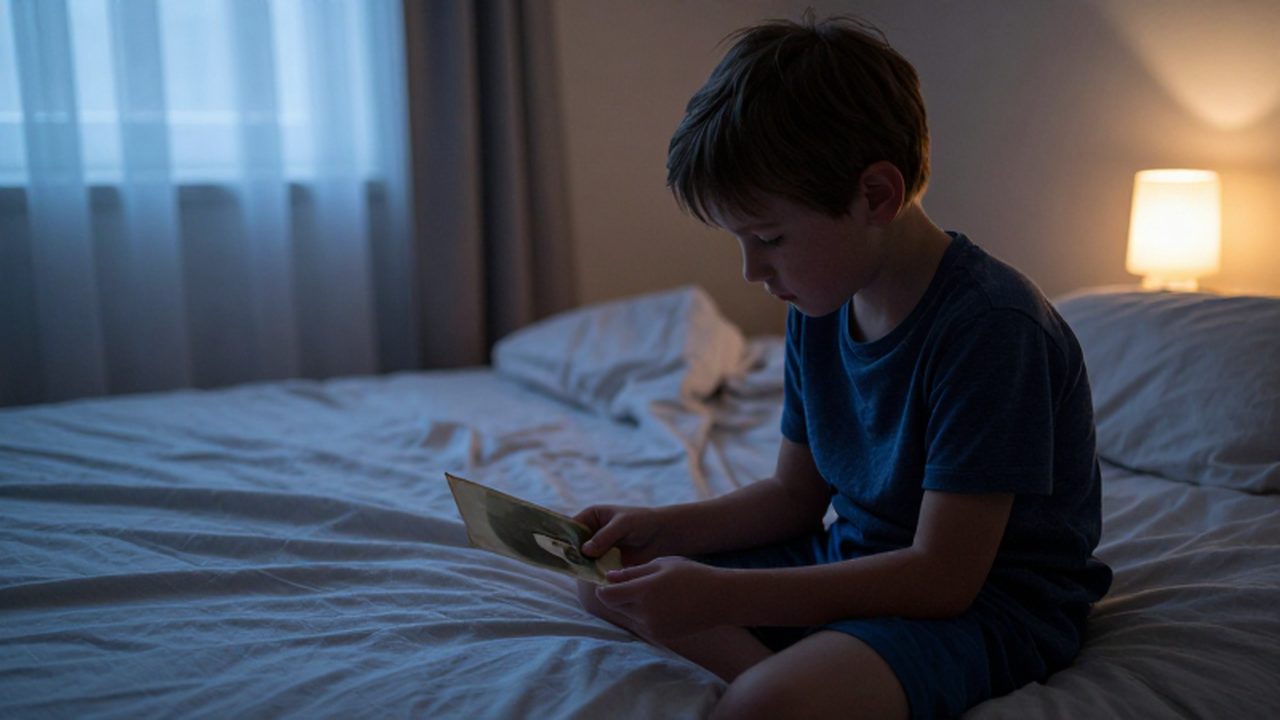 Niño sentado en el borde de una cama mirando una fotografía antigua al atardecer.