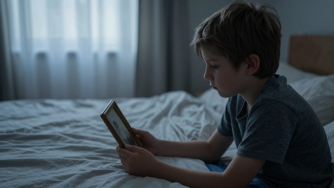 Niño melancólico sentado en el borde de una cama mirando una fotografía antigua.
