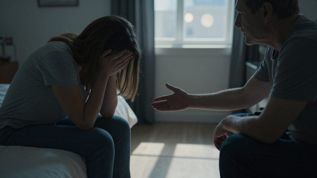 Un padre intenta consolar a su hijo adulto en una habitación en penumbra.