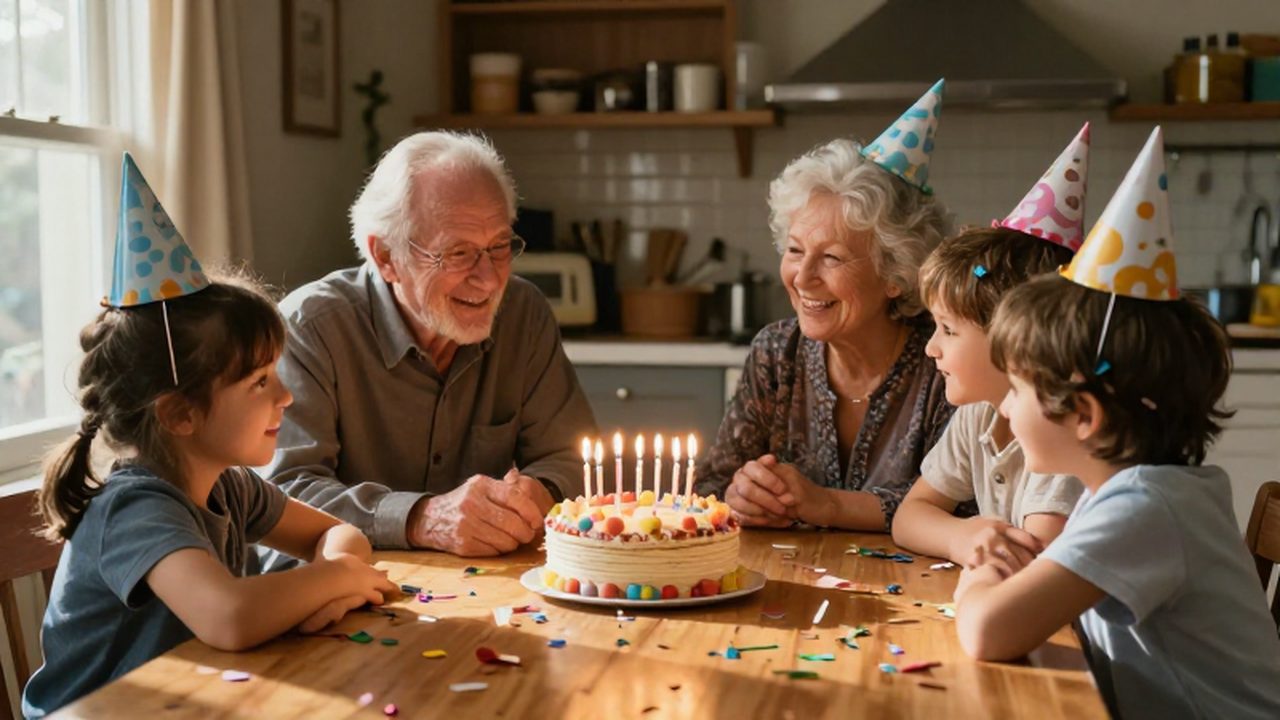 Abuelos y nietos celebrando un cumpleaños con un pastel iluminado por velas en una mesa soleada.