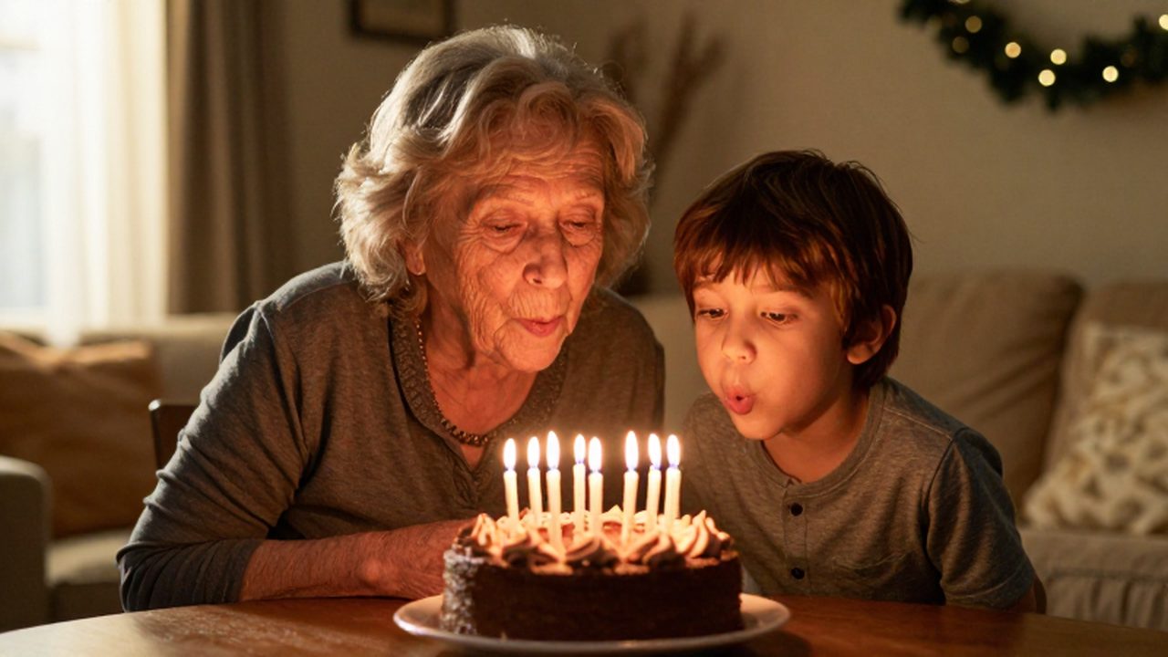 Una abuela y su nieto sonríen mientras soplan las velas de un pastel de chocolate.