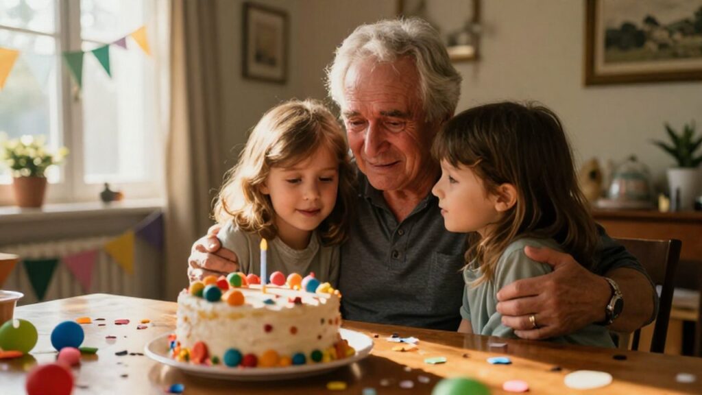 Pareja de ancianos emocionados abrazados por sus nietos frente a un pastel de cumpleaños.