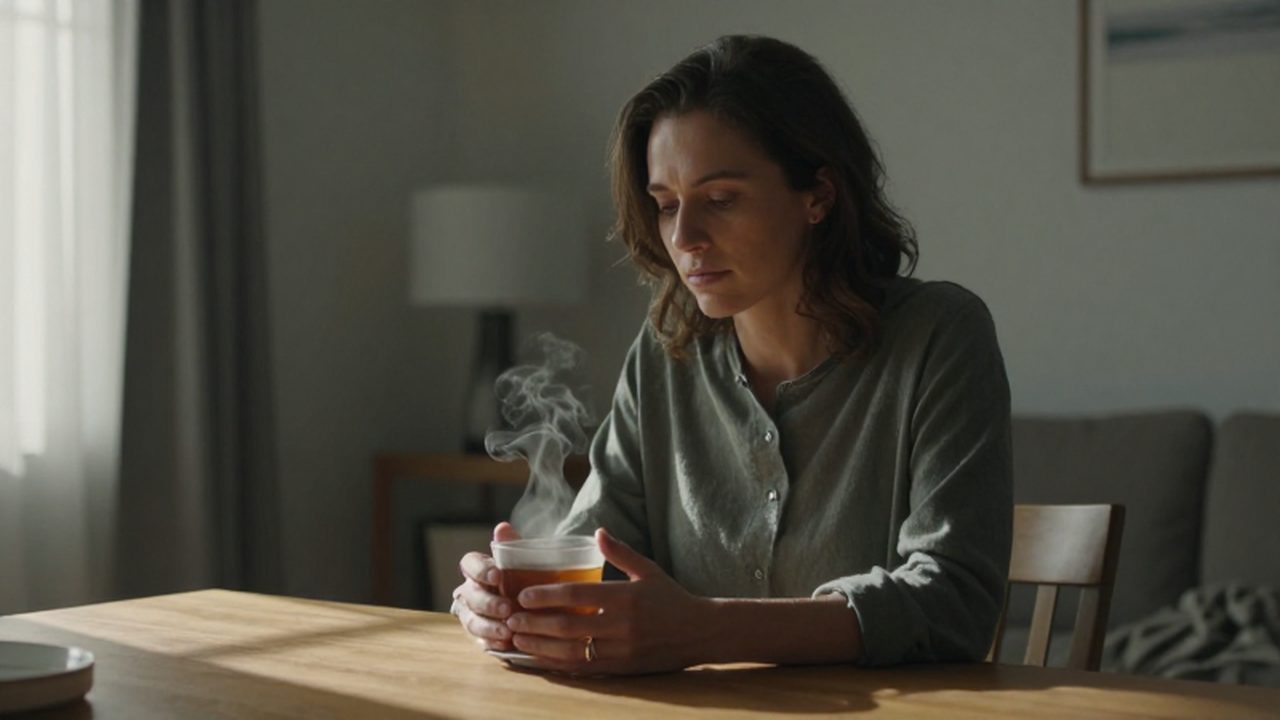 Mujer sentada junto a una ventana con una taza de té caliente en sus manos.