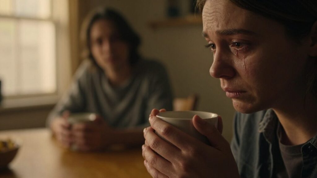 Persona con mirada vulnerable sostiene una taza caliente en una mesa de madera bajo luz cálida.