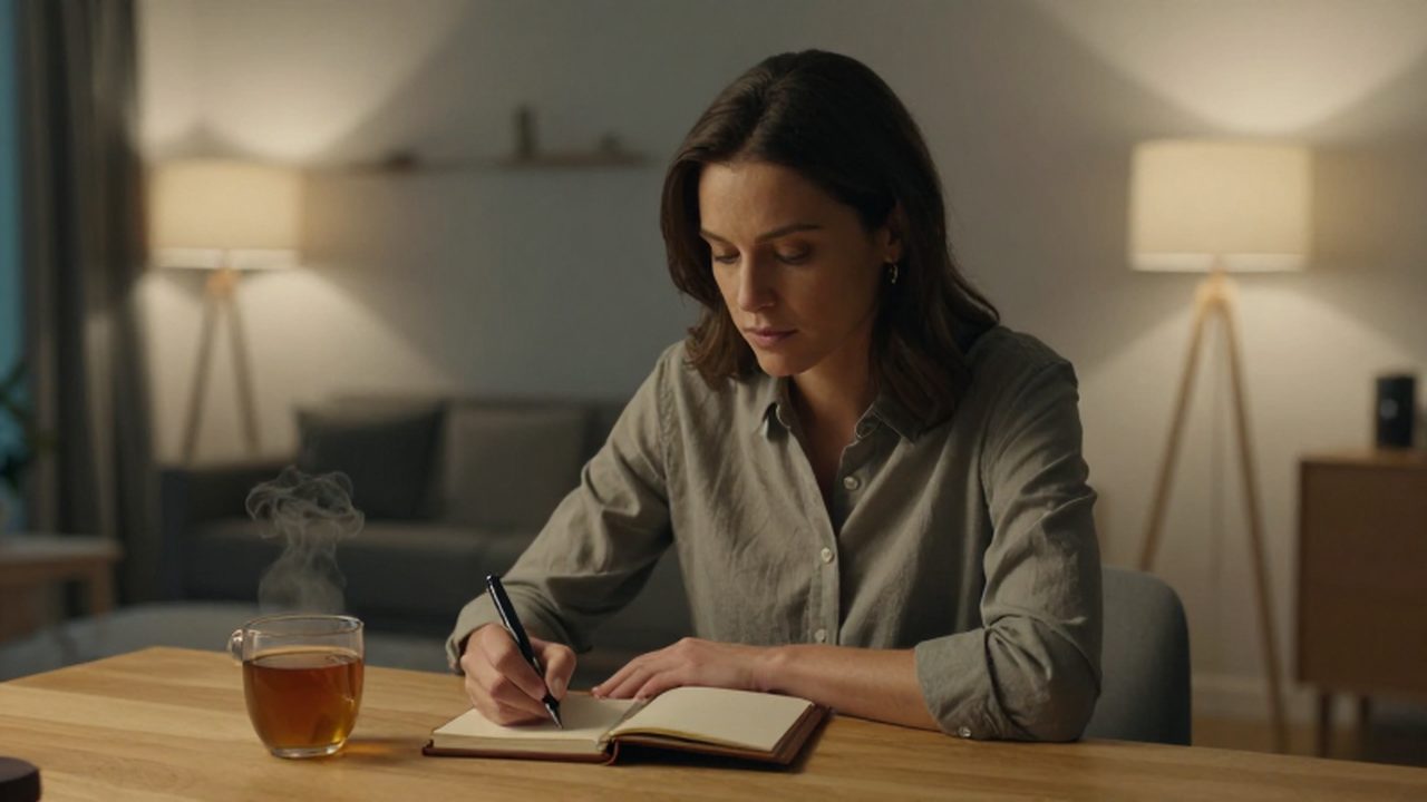 Mujer sentada en una mesa de madera escribiendo tranquilamente en un diario junto a una taza de té.