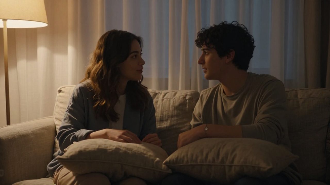 Pareja joven sentada en un sofá conversando con complicidad en una sala acogedora.