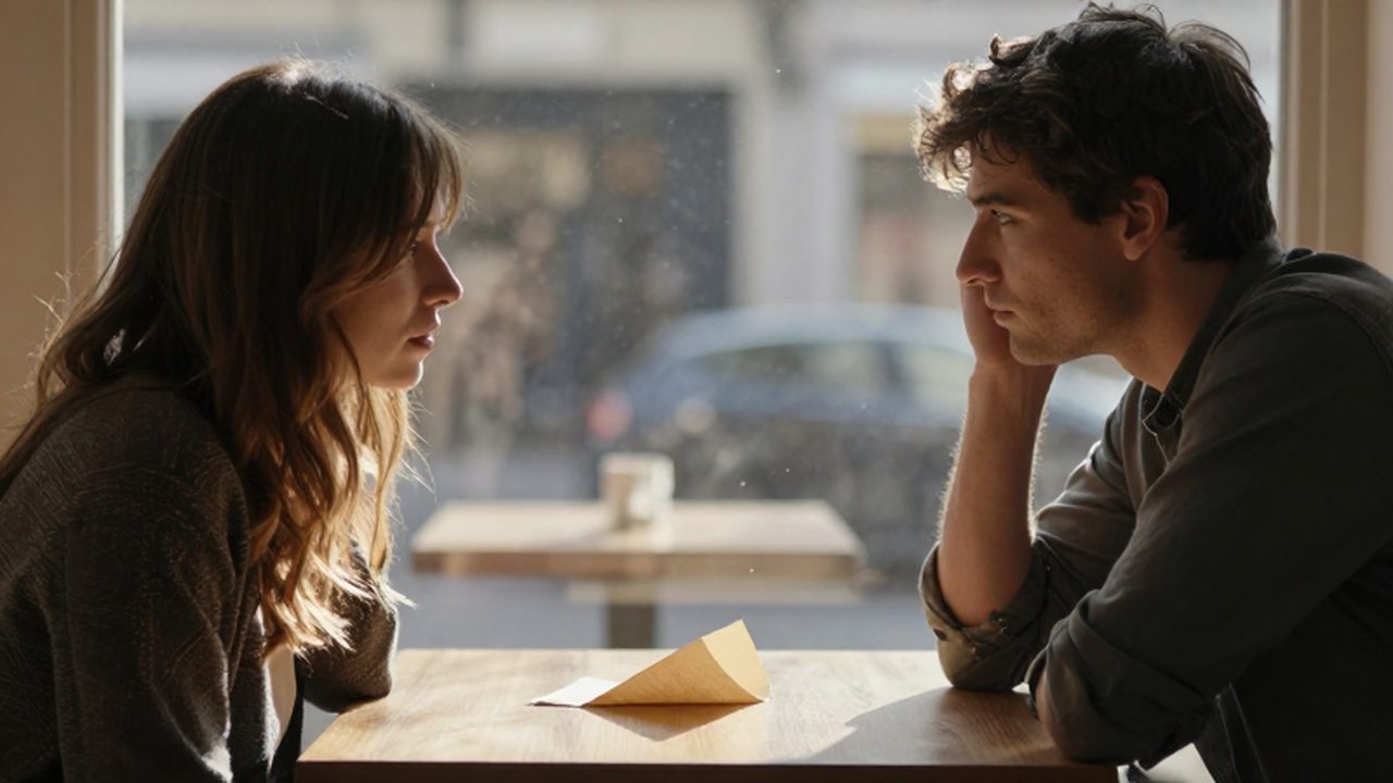 Un hombre y una mujer sentados a la mesa de un café con una carta sin abrir entre ellos.