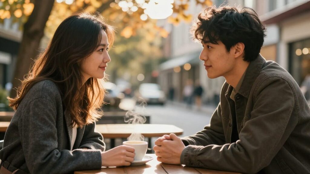Pareja joven sonriendo y tomados de la mano en una mesa de café al atardecer.