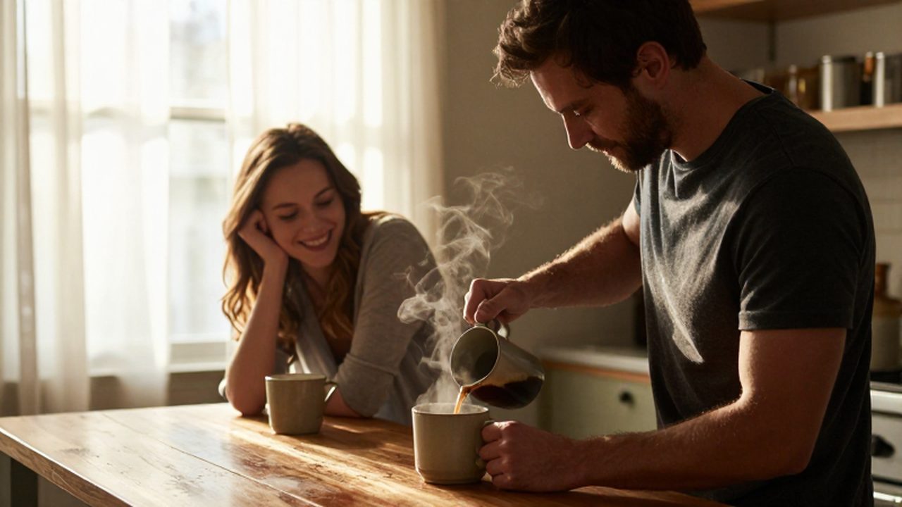 Pareja compartiendo un momento tranquilo en una cocina soleada mientras el hombre sirve café.