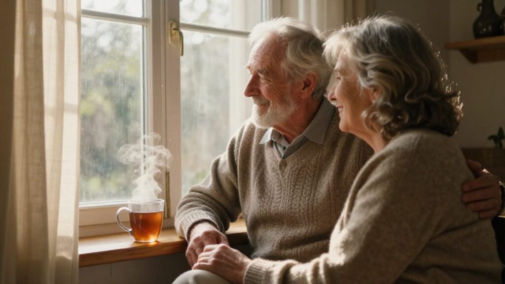 Pareja de ancianos sonriendo sentada junto a una ventana iluminada por la luz de la mañana.