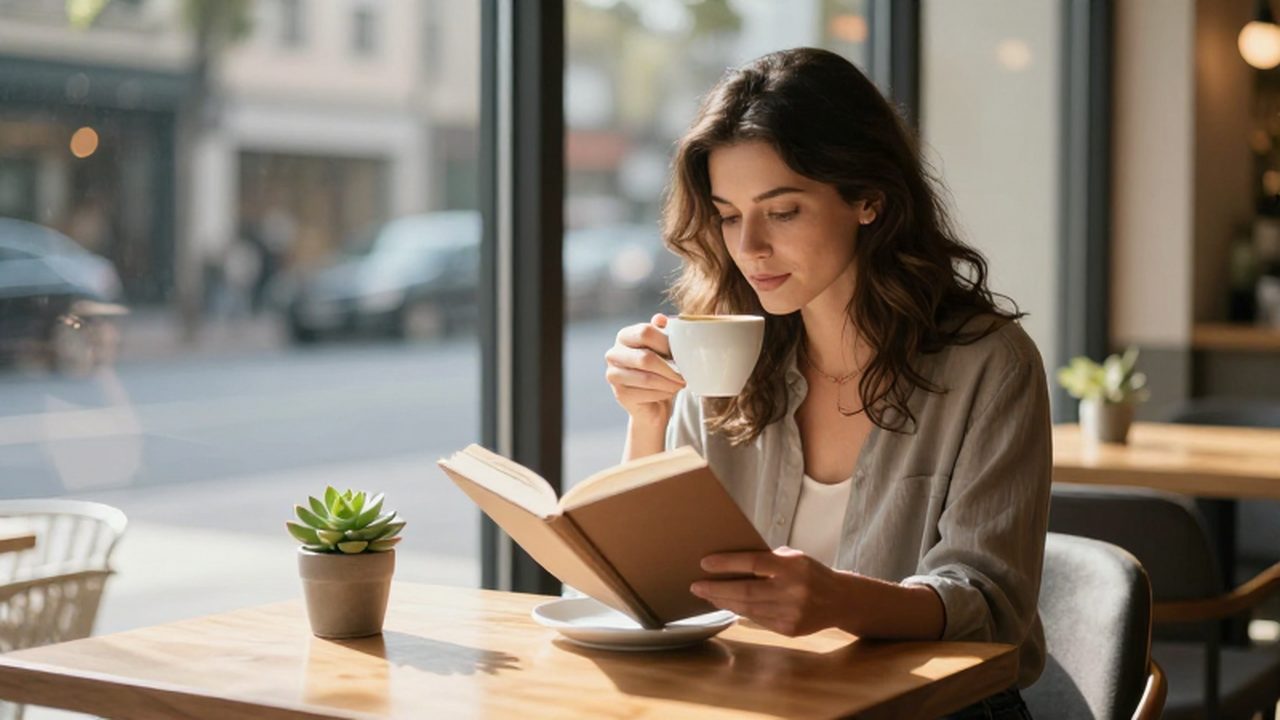 Mujer leyendo un libro tranquilamente en una mesa de madera de un café luminoso.