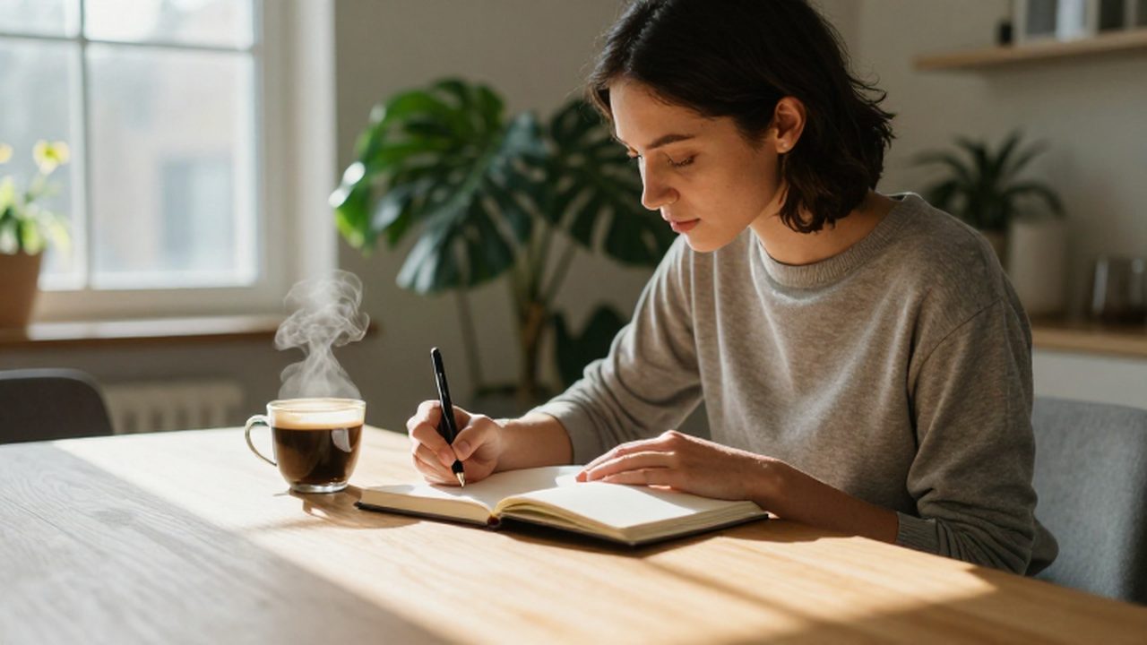 Mujer sentada en una mesa de madera escribiendo en un diario junto a un café.