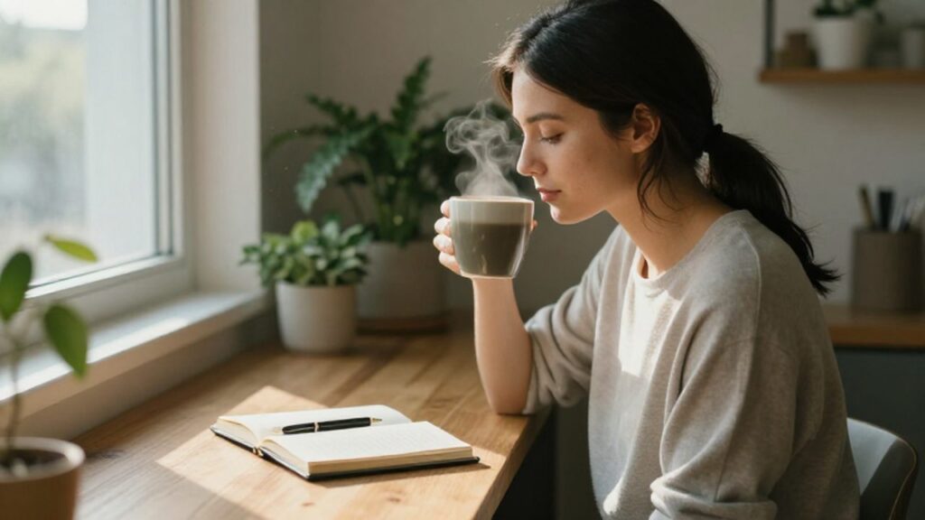 Mujer joven bebiendo café junto a un diario en un rincón luminoso y acogedor.