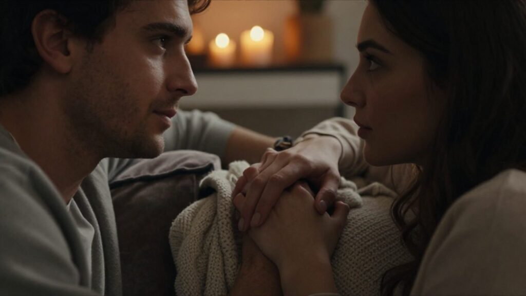 Pareja sentada en un sofá con las manos entrelazadas bajo la luz tenue de unas velas.