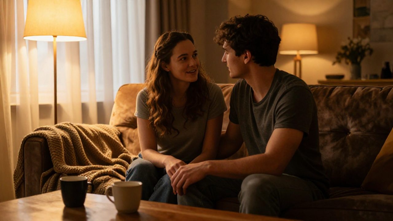 Pareja sentada en un sofá acogedor conversando íntimamente bajo una luz cálida de atardecer.