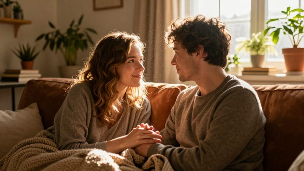 Pareja sentada en un sofá de terciopelo compartiendo una manta bajo la luz cálida del atardecer.