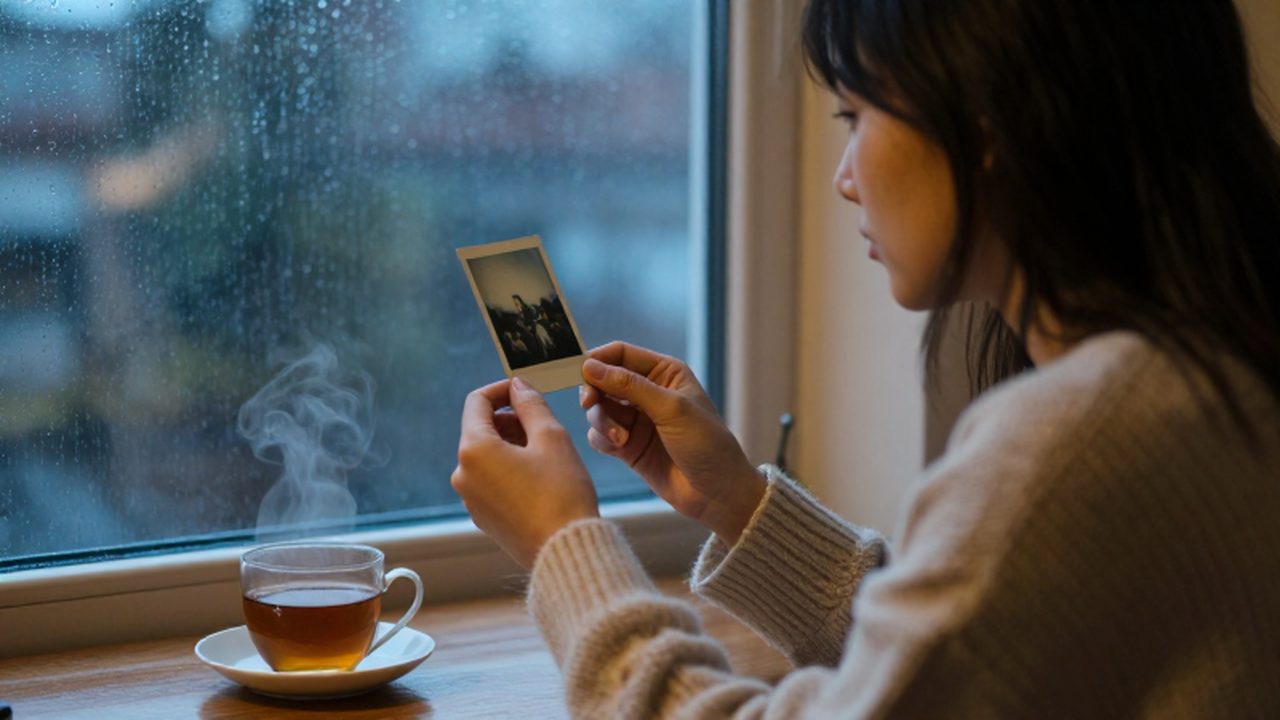 Mujer sentada junto a una ventana lluviosa contemplando una fotografía antigua con una taza de té.