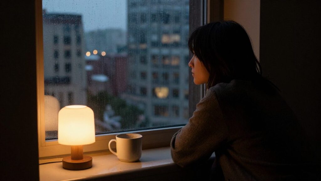 Persona solitaria sentada junto a la ventana mirando la ciudad lluviosa bajo una luz cálida.