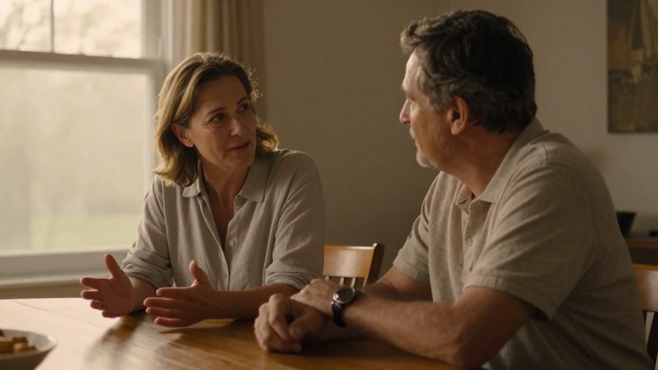 Pareja madura conversando tranquilamente sentada frente a frente en una mesa de madera.