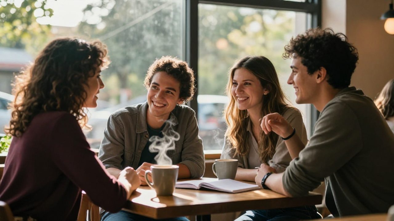 Tres jóvenes amigos conversan animadamente sentados alrededor de una mesa con café en una cafetería iluminada.