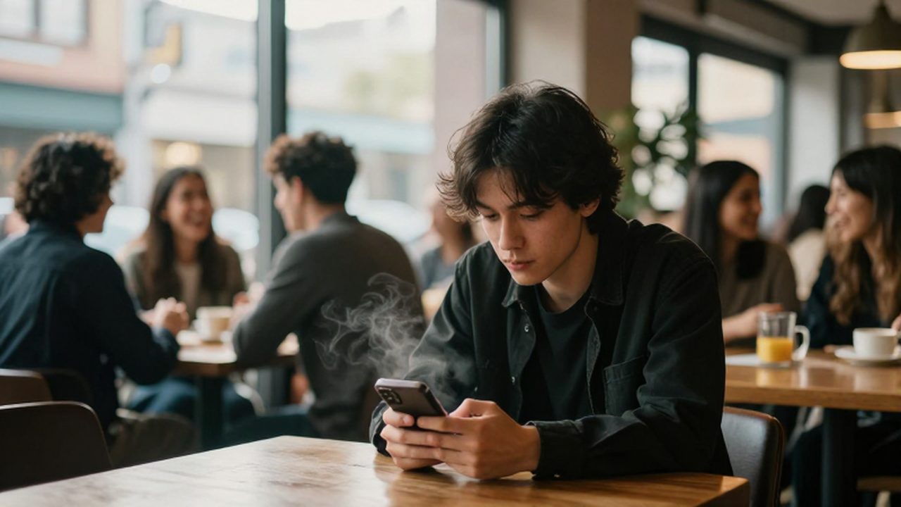 Persona solitaria mirando su móvil en una cafetería concurrida y con grupos de amigos al fondo.
