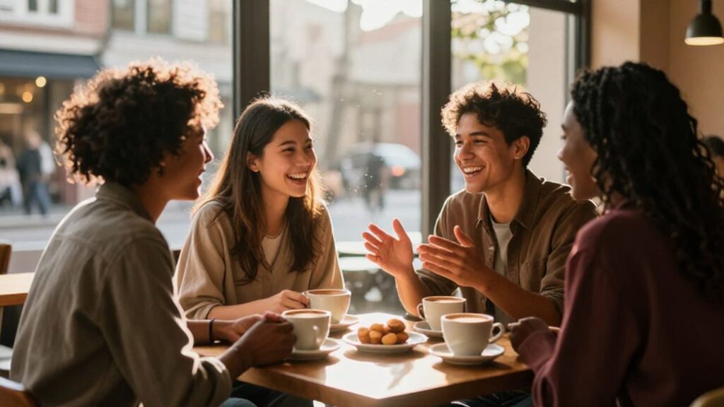 Tres jóvenes ríen y conversan animadamente mientras comparten café y dulces en una cafetería soleada.