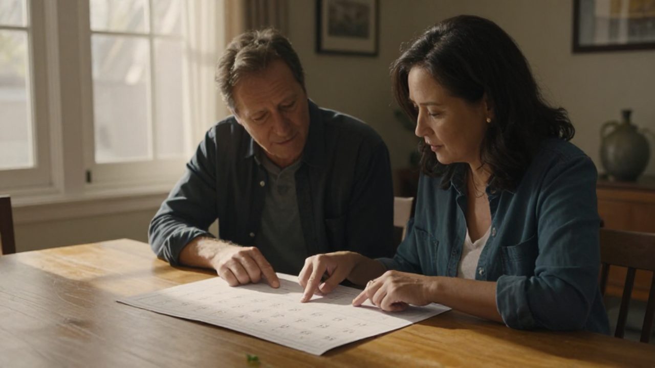 Pareja de mediana edad consultando un calendario sobre la mesa de madera en una estancia iluminada.