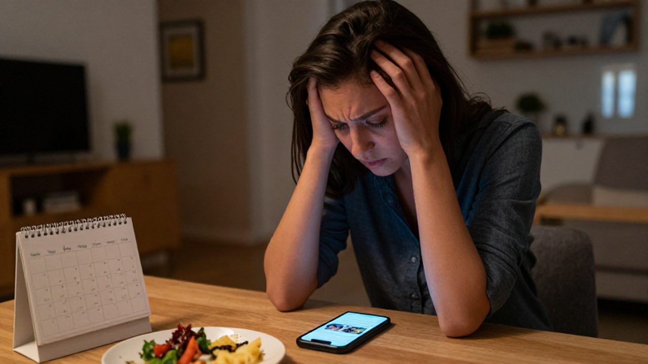 Mujer agotada sentada ante la mesa con un smartphone iluminado y un calendario.