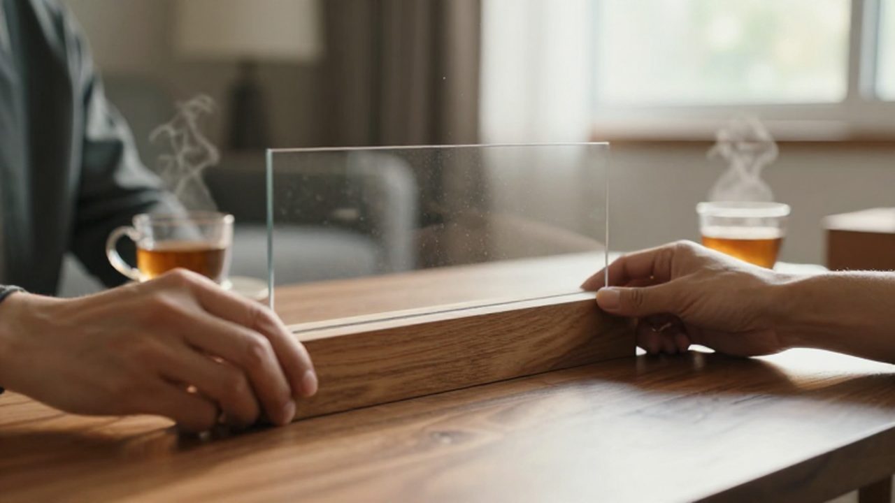 Manos colocando un divisor sobre una mesa de madera bajo la luz de la mañana.