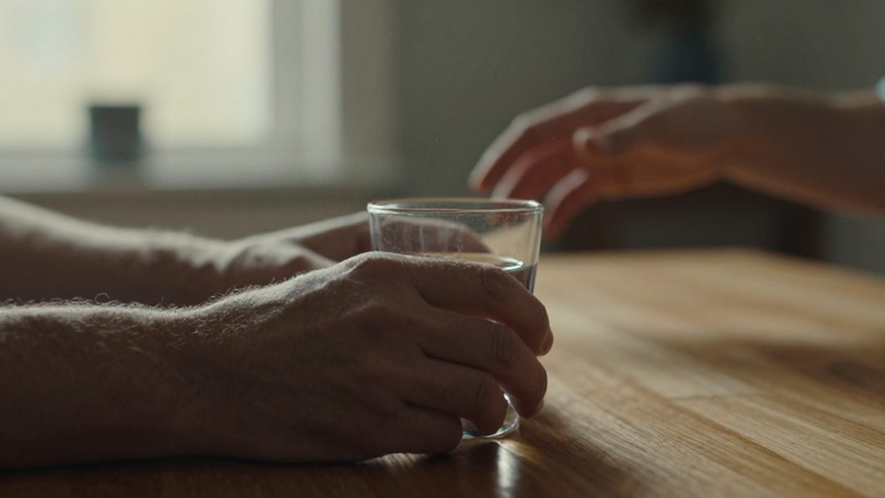 Una mano aparta con firmeza un vaso de agua sobre una mesa de madera mientras otra persona intenta acercarse.