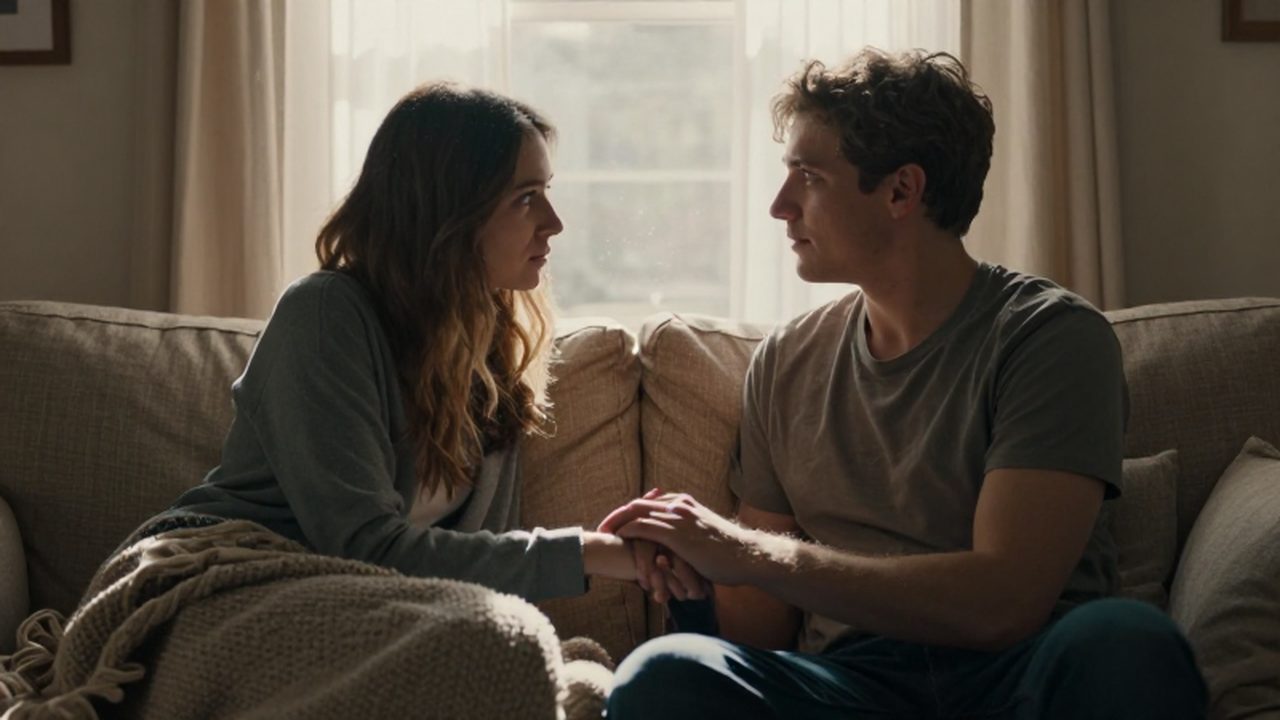 Una pareja se sienta en un sofá iluminado por el sol, tomados de la mano con afecto.
