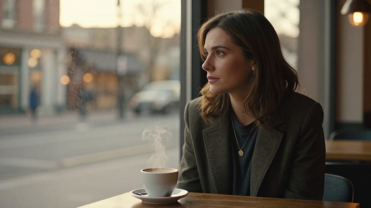 Mujer pensativa sentada ante una mesa de café con una taza humeante junto a una ventana.