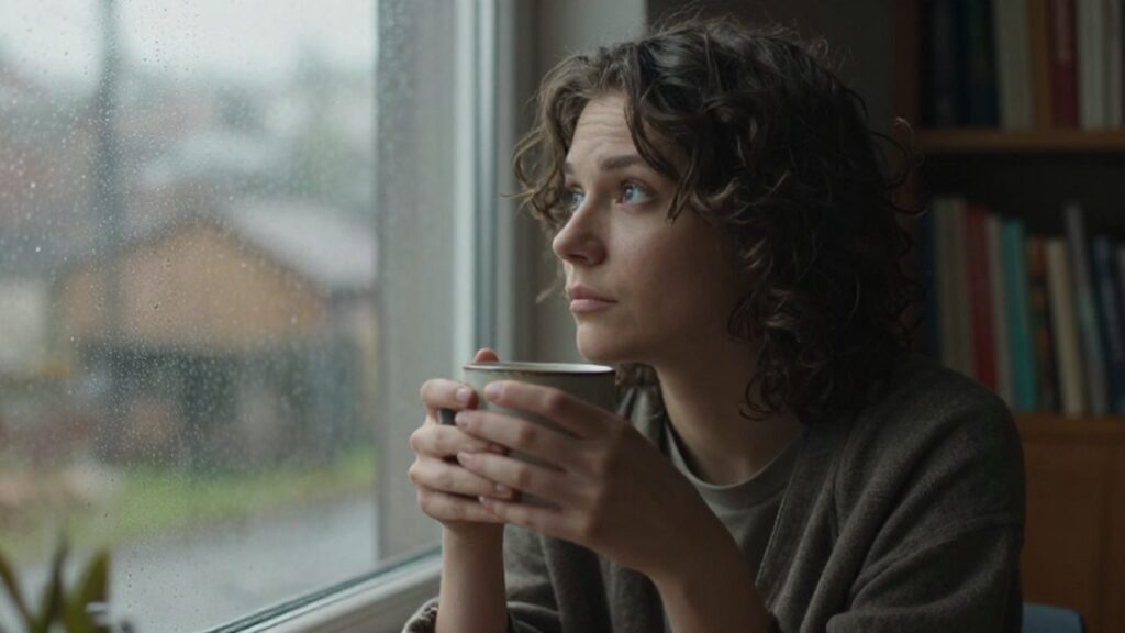 Persona pensativa sentada junto a una ventana con lluvia mientras sostiene una taza caliente.