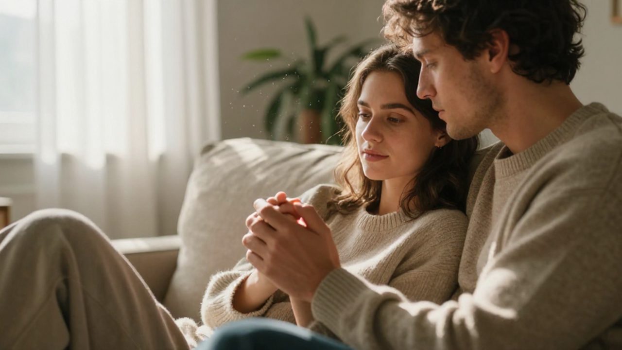 Pareja sentada en un sofá cálido tomándose de las manos bajo la luz de la mañana.