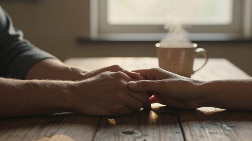 Manos entrelazadas de una pareja sobre una mesa de madera junto a una taza humeante.