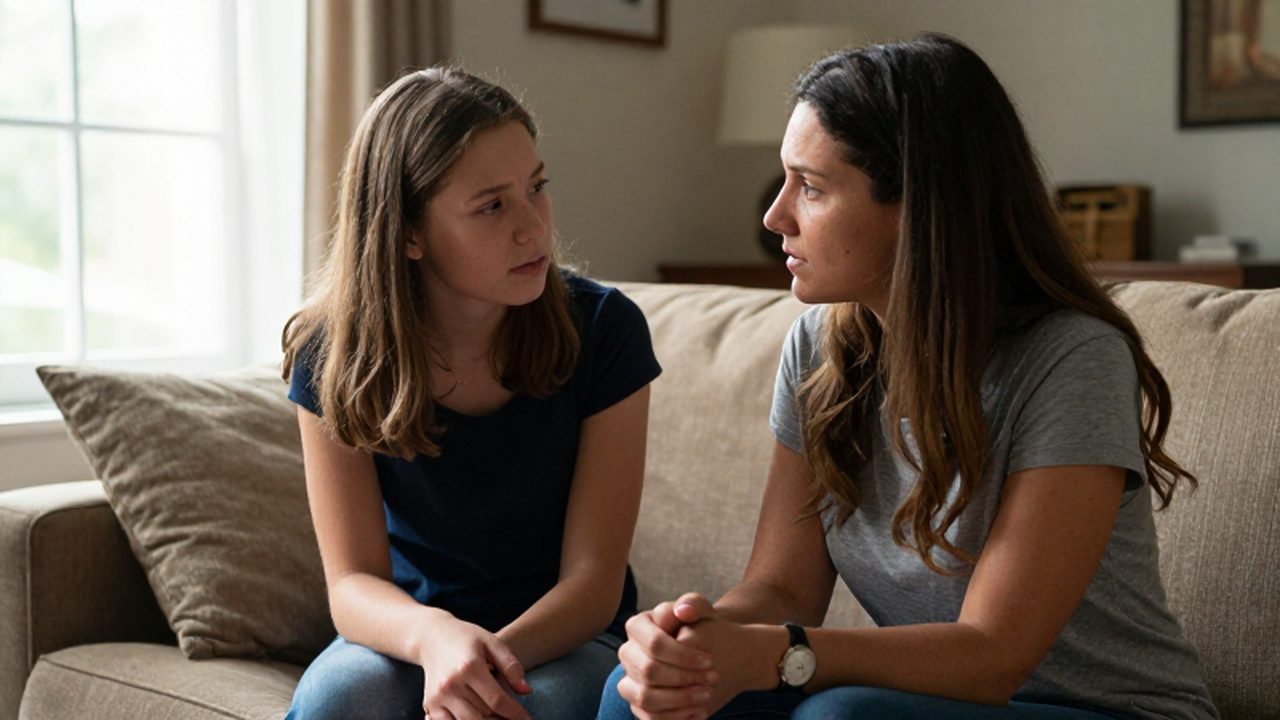 Madre e hija adolescente conversan con preocupación sentadas en un sofá acogedor.