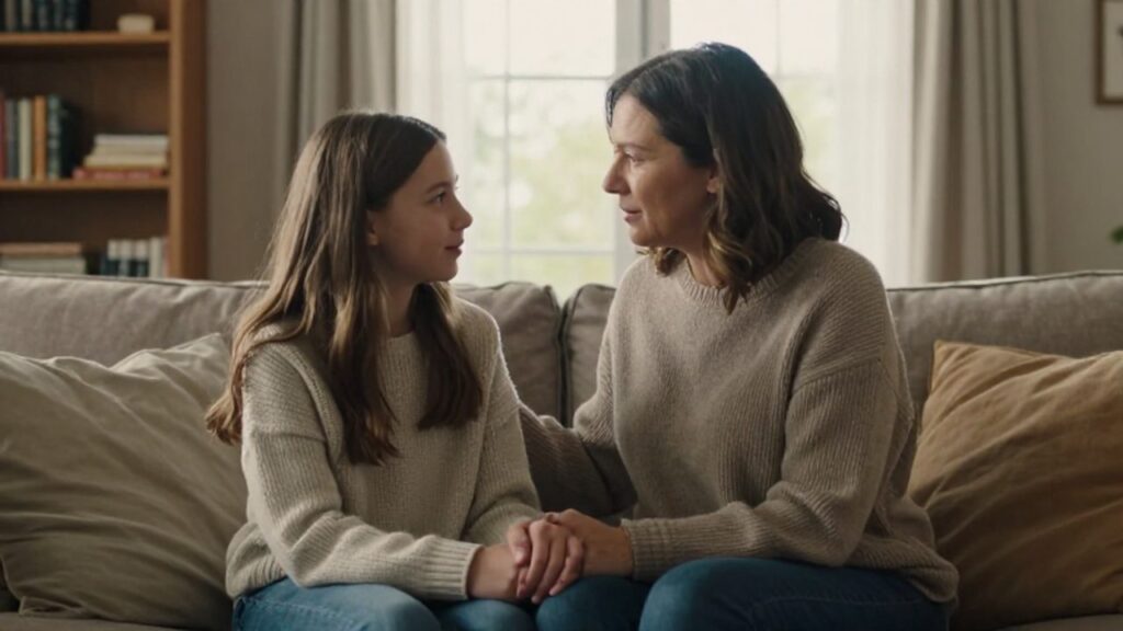 Madre e hija adolescente sentadas juntas en un sofá luminoso conversando con afecto.